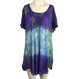SAKKAS - WOMEN'S PLUS SIZE -BLUE/PURPLE RAYON SHORT SLEEVE EMBROIDERED TOP SHIRT
